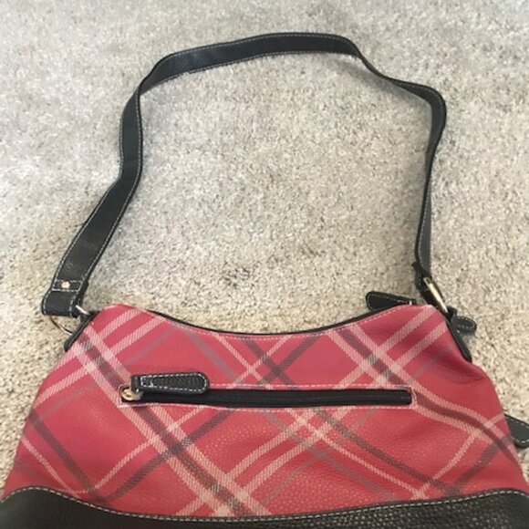 STONE MOUNTAIN LEATHER RED PLAID SHOULDER HANDBAG. LOTS COMPARTMENTS/POCKETS - Picture 4 of 5